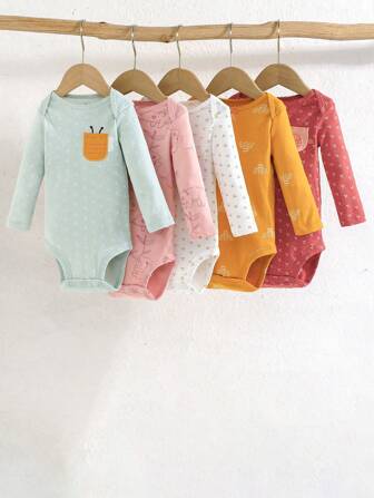 Set de 5 piezas de body de manga larga con estampado de koalas y abejas para bebés niñas, conjunto de ropa diaria para gatear para bebés