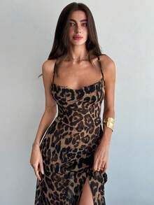 Women's Sexy Elegant Leopard Print Dress For Daily Wear, Open Back And Design, Cross Back And Spaghetti Straps, Sexy Leopard Print And Ruched Waist - 棕色 - 查看 3