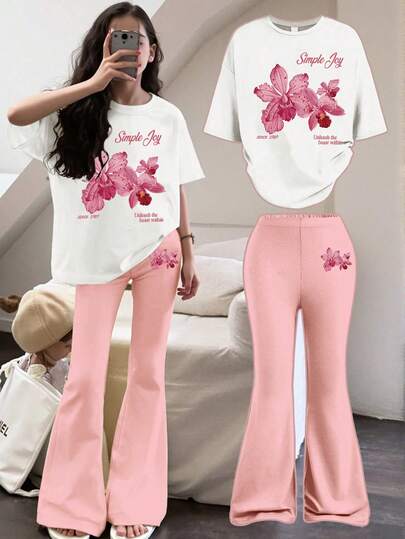 2pcs Teen Girls Simple Joy Floral Print Set, Short Sleeve Flare Pants Soft 2 Pieces Set, Casual Wear Summer, Girls Set