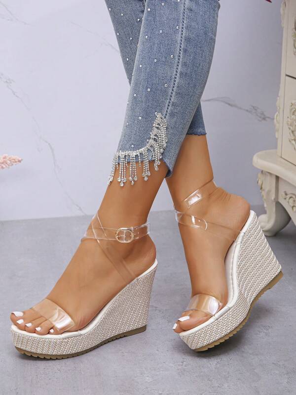 Damen bequeme neue Sommer Plateau Keilsandalen, modische vielseitige leichte rutschfeste transparente gewebte Stroh Sohle Riemen sexy Sandalen