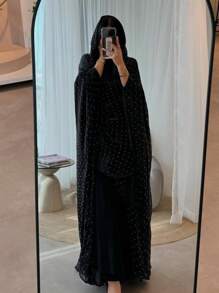 2pcs Modest Middle Eastern Dubai Rhinestone Embellished Long Robe With Headscarf Set, Abaya - Black - View 5