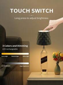 1pc Rechargeable Wireless LED Bottle Light, 3 Color Dimmable, Touch Control, Rechargeable, Portable, Suitable For Holiday Parties, Tabletop Decor, Balcony Night Light, Living Room & Hallway Lighting, Camping Accessory