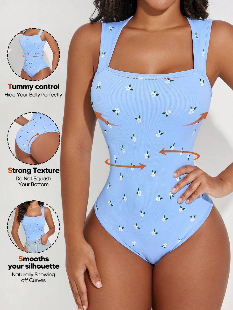 Women's Bodysuits Sexy Ribbed Strappy Square Neck Sleeveless Tummy Control Tank Tops Bodysuits