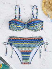 Women's Two Pieces Swimwear Set, Retro Print, High Stretch Knit Fabric, Polyester 82% & Elastane 18%, Geometric Pattern, Drawstring Design, 195gsm Top, 130gsm Lining, Summer Beachwear Vacation - Royal Blue - View 3