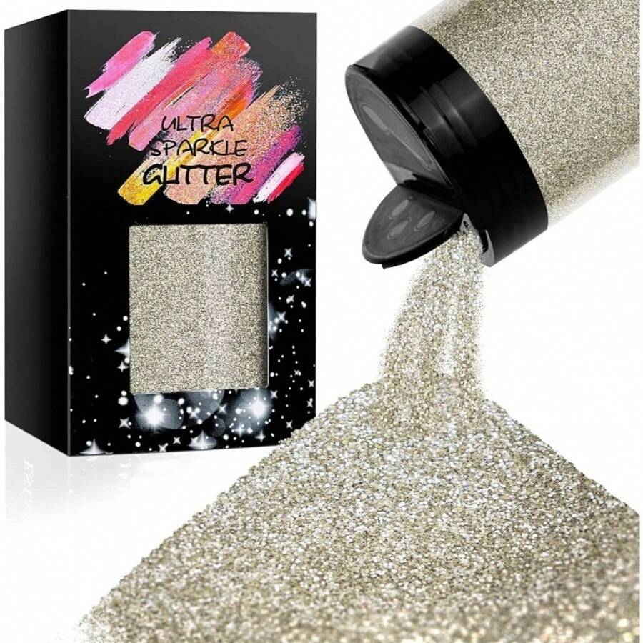 Metallic Ultra Fine Glitter, 7.41Oz/210G Resin Glitter Powder Sequins Flakes, 1/128" Holographic Iridesnt Glitter For Resin Tumblers Art Crafts, Hair Fa Body Nail Glitter(Black) - 軟銀 - 查看 1