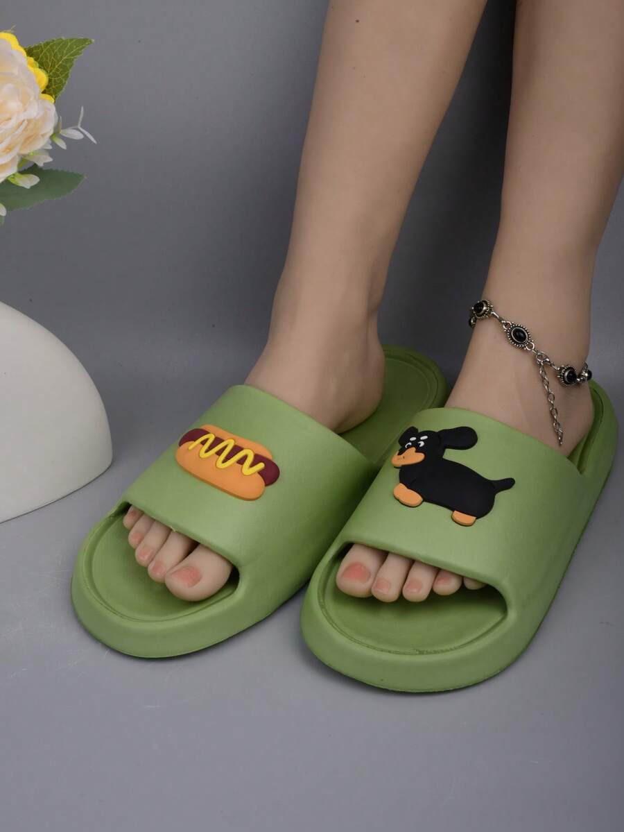 Cute Slippers For Women, Indoor Home Slippers, Thick Non-Slip Sole, Versatile & Comfortable, Sausage Dog Pattern, Suitable For Indoor, Outdoor, Portable Use - Green - View 1