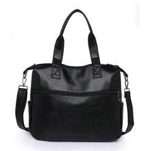 时尚纯色软皮女士单肩包，休闲简约大容量校园手提包日常通勤包，复古斜挎包大号流浪汉包工作包，女士邮差包多口袋挎包，适合节日礼物，适合购物、钱包、购物、年轻女性、大学生、新婚夫妇、白领。适用于办公室、大学、工作、商务、通勤、户外活动、旅行和郊游 - 黑色 - 查看 3