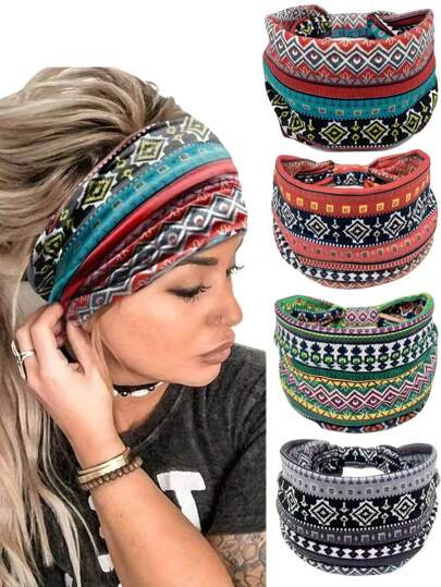 4条装复古佩斯利花纹发带，女士彩色头巾，运动吸汗带，瑜伽发饰，波西米亚风女士围巾，女士发带