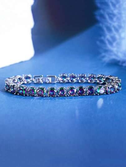 1 pieza Pulsera de cadena de tenis con circonita cúbica redonda vívida, accesorios de joyería nupcial con arcoíris místico chapado en plata para compromiso, banquete, fiesta, baile de graduación para mujeres, novias, damas de honor