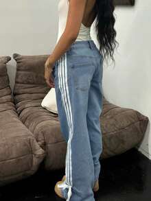 2025跨境新品现货美式Y2K街头流行蝴蝶结织带低腰直筒女牛仔裤 - 中等水洗藍 - 查看 4