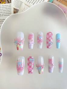 10 Pieces Acrylic Press On Nails,Summer Nails Press On Nails Beach Essentials, Coffin-Shaped Fake Nails, DIY, Nail Supplies,Back To School Season Romantic Cherry Pink Bow Cat Palm Print Pink Nails,Suitable For Ladies To Use In Weddings, Parties, Holidays, Gift Nail Tools.