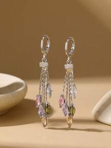 2pcs Fashionable & Elegant Long Colored Cubic Zirconia Earrings, Birthday Gift Jewelry - Leaf - View 6