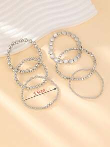 6 pièces/set Bracelet élastique empilé avec perles géométriques CCB minimaliste et polyvalent de style rétro, convient pour les tenues de travail quotidiennes des femmes - Argent - Voir 4