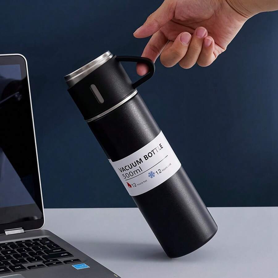 1 Stück 500ml/16,9oz Edelstahl Vakuumisolierte Wasserflasche Set (inklusive 2 zusätzliche Deckel) - Thermoisoliert, geeignet für heiße & kalte Getränke, ideal für Büro und Schule