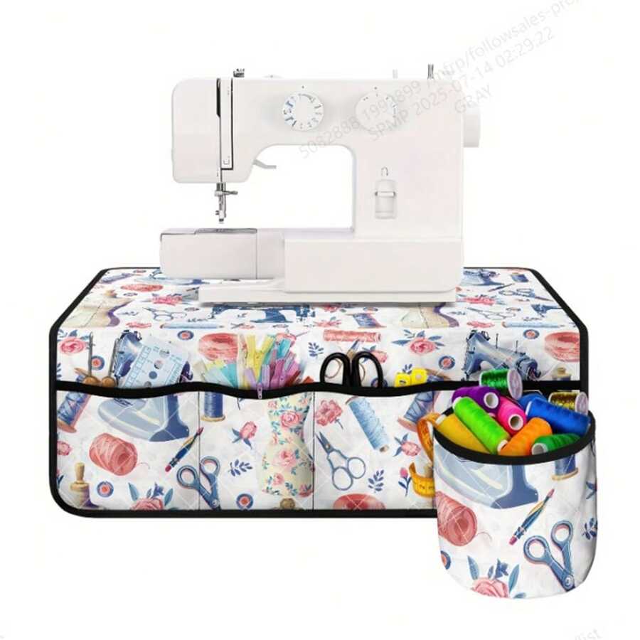 1 tấm lót máy may kèm túi đựng và ống trụ, chất liệu polyester có thể giặt, họa tiết hoạt hình, chống bụi, thích hợp để đựng đồ dùng và phụ kiện may vá, tuyệt vời cho những người đam mê may vá và đan móc. - Tấm lót máy may - Xem 1
