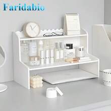 Estante de almacenamiento de escritorio moderno de dos niveles con elevación de altura: organizador de suministros de oficina y cosméticos que ahorra espacio, disponible en dos tamaños, de PVC, con diseño personalizado, capacidad máxima de carga de 3 kg por nivel, organizador de espacio de trabajo | Soluciones de almacenamiento con estilo | Estante de PVC resistente - Blanco/Pequeño - Ver 5