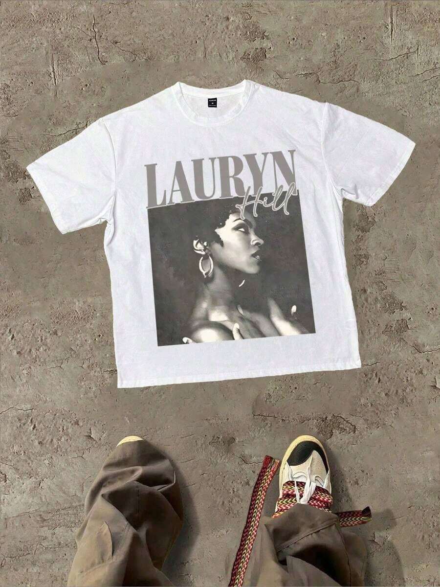 Camiseta Casual de Manga Corta de Algodón Puro de 220 g/m² con Diseño Gráfico Temático de la Artista Lauryn Hill - Blanco - Ver 1