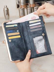 MIYIN Fashion Vintage Bifold Zipper Kiss Lock Wallet Women Wallet With Card Slot ID Window Minimalist PU Leather Long Wallet,For Women, For Daily,For Girls,For Lady,For College Dorm,For School,For College,For Back To School