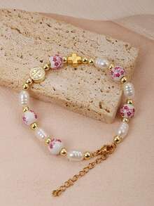 1 件优雅精致的十字架和耶稣吊坠陶瓷和金珠不锈钢手链，经典女士日常/海滩派对珠宝配饰吊坠精美礼物/十字架珠宝/圣本笃，奖章和小十字架基督教礼物附赠礼品盒 - 1PC - 查看 7