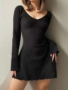 1pc Solid Color Casual Knit Fabric Frill Trim Off The Shoulder Dress, Suitable For Spring/Autumn Date Night - Black - View 5