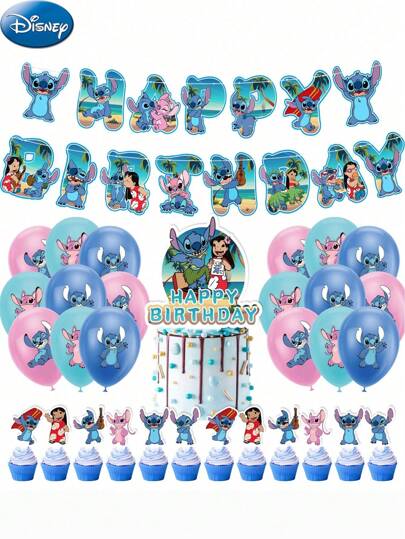 Disney 19PCS Disney Officially Licensed Stitch Lilo Balloon Set Cartoon Anime Theme Party Decoration Family Party Essential Supplies Wedding Anniversary Graduation Birthday Party Dress Up Gift For Friends Family