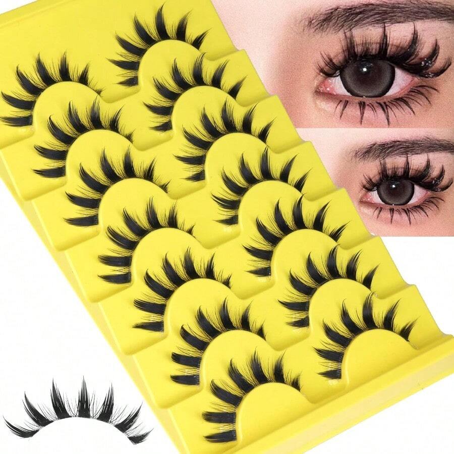 DManga Lashes Natural Eyelashes Spiky False Eyelashes Invisible Band 3D Cat Eye Lashes Wispy Fake Lashes Cosplay Anime Lashes 7 Pairs Pack Asian Doll Lashes Clear Band By5001 - 黑色 - 查看 1