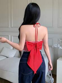 Vintage Red Plaid Sexy Deep V-Neck Backless Lace Crop Top, Bowknot Decor, Casual Elegant Cute, Young & Fiery Girl Style, Back To School Spring/Summer New Women's Wear - Red - View 1