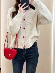 Women's Colorblock Heart Button Crew Neck Cardigan, Autumn/Winter - Beige - View 3