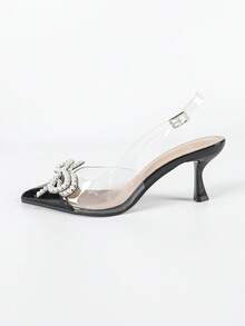 Women's Pearl Bow Decor Business & Social Wear Pearl Bow Decor Pointed Toe Mid-Calf Transparent Strap Stiletto Heel Pearl Bow Decor High Heel Sandals, Elegant Style For Workplace, Business, Office, Social Gatherings, All Seasons, Black & White - Black - View 6