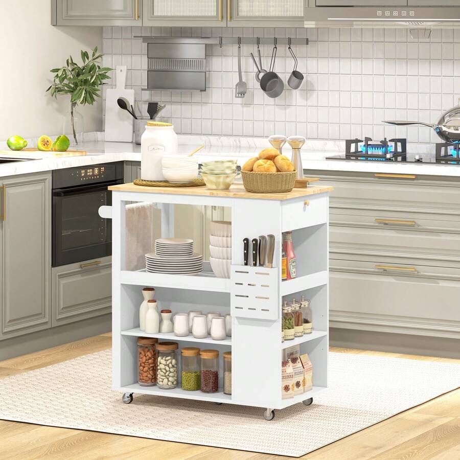 HOMCOM Carrello da Cucina con Ruote, Ripiani Regolabili e Portacoltelli, Isola Cucina con Piano di Lavoro in Legno di Caucciù, per Cucina e Soggiorno, 86.5x47x88 cm, Bianco