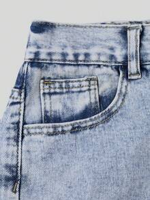 Y2K 女童休闲牛仔裤，复古水洗宽松直筒裤，松紧腰带，返校街头风，蝴蝶刺绣 - 藍白色 - 查看 8