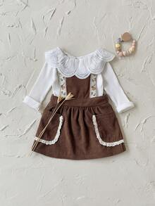 Baby Girl Sweet Lace Trim Floral Ribbon Corduroy Ditsy Floral Suspender Dress, Spring/Autumn - Brown - View 5