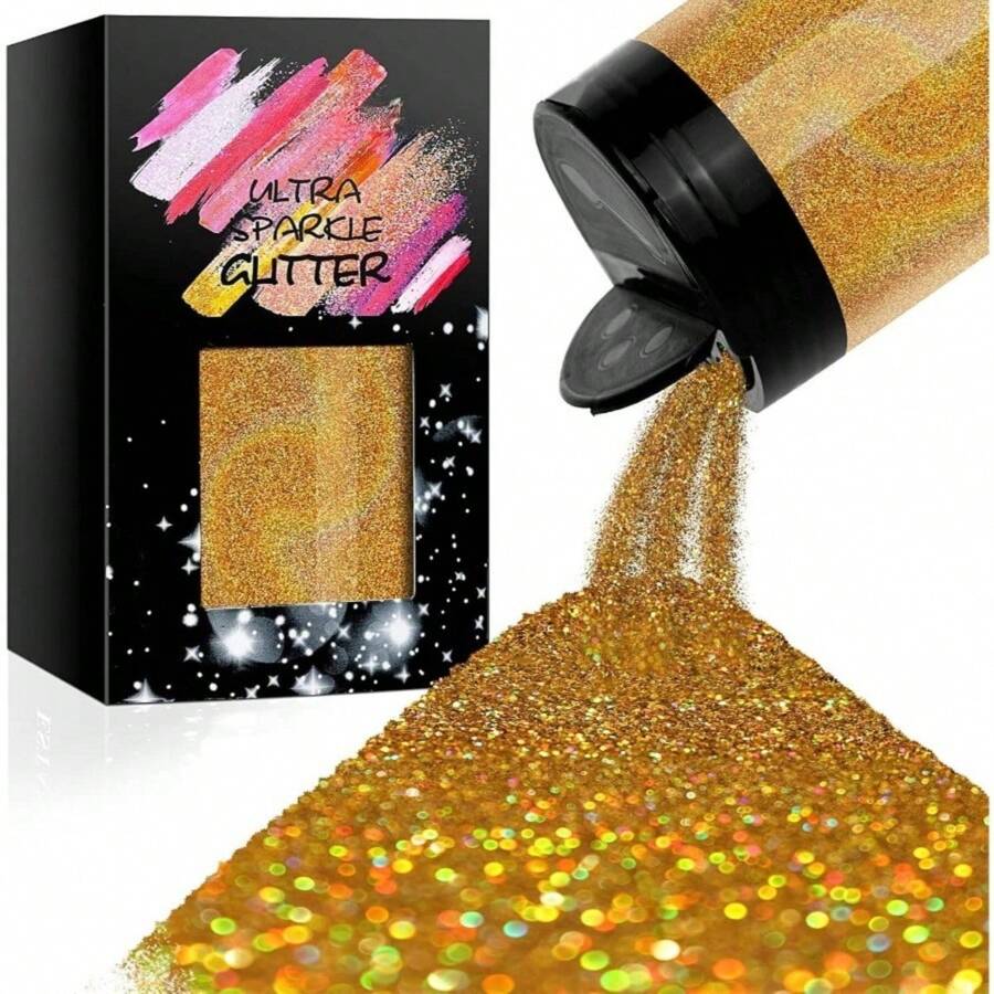 Metallic Ultra Fine Glitter, 7.41Oz/210G Resin Glitter Powder Sequins Flakes, 1/128" Holographic Iridesnt Glitter For Resin Tumblers Art Crafts, Hair Fa Body Nail Glitter(Black) - Gold - View 1