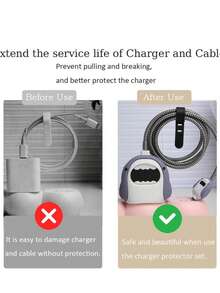 Set de 4 accesorios protectores para cargador y cable compatibles con cargador Apple 18/20W, que incluye: funda para adaptador de cargador, protector de cable, organizador de cable, anti-arañazos, anti-colisión y anti-suciedad, con diseño de tiburón gris y estilo lindo de dibujos animados - Gris - Ver 7