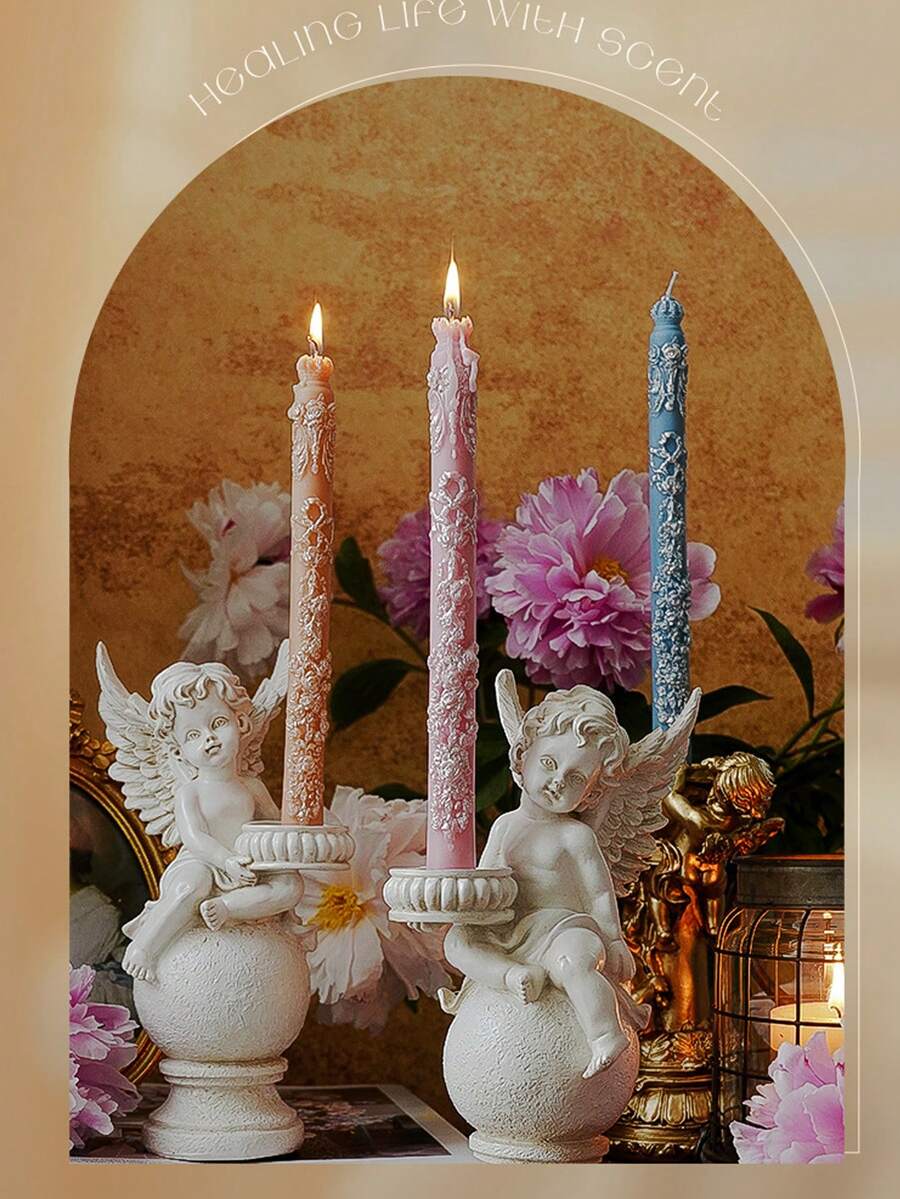 European Style Long Taper Candles With Embossed Pattern, Suitable As Wedding Decor, Valentine's Day Gift, Atmosphere Scented Candle Photography Prop, Smokeless Candle, Ideal For Romantic Dinner, Wedding, Holiday, Birthday And Home Decor. - Multicolor - View 1