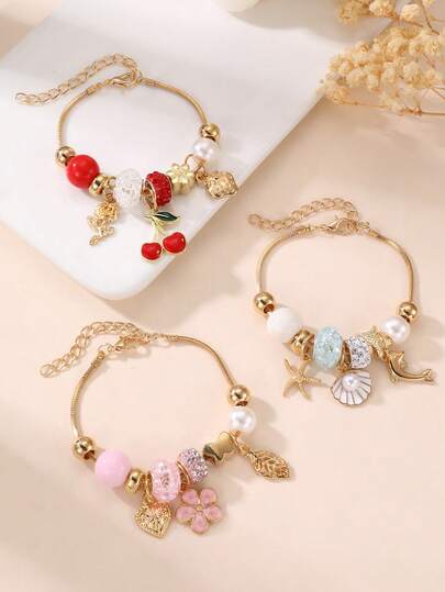 1pc/3pcs Girls' Shell, Pentagram, Flower, Starfish, Cherry Bracelet