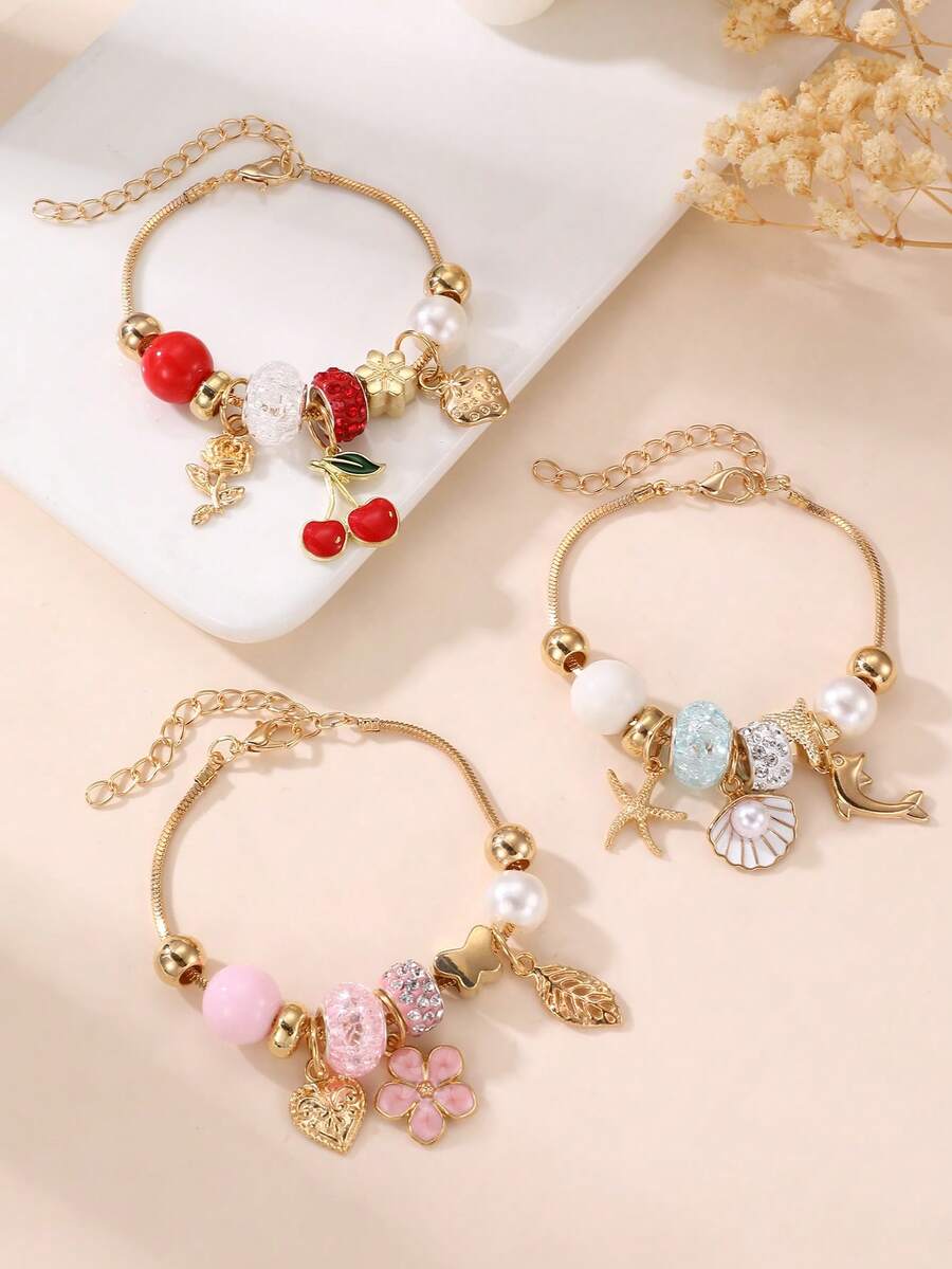 1pc/3pcs Girls' Shell, Pentagram, Flower, Starfish, Cherry Bracelet - Multicolor - View 1