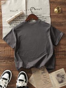 女童和青少年学生休闲印花深灰色圆领短袖T恤，夏季上衣