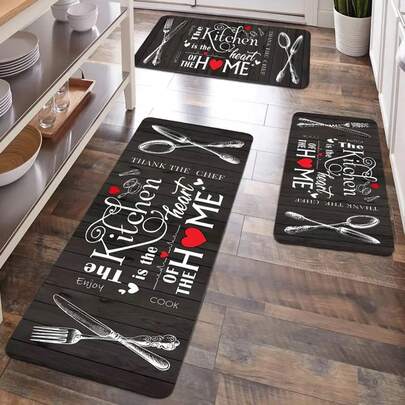 1/2/3 Pcs "Kitchen Is The Heart Of Home" Non-Slip Polyester Floor Mat, Knife & Fork Pattern Design - Lightweight, Non-Slip Backing, Durable, Suitable For Indoor & Outdoor, Kitchen Decor Mat | Holiday Kitchen Mat | Polyester Mat, Kitchen Decor
