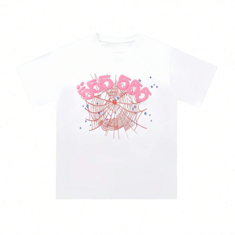 SP5DER 2025 Summer New Simple T-Shirt, Creative Graphic T Shirts With Sp5der Letters, 100 Percent Cotton Funny Tee - trắng - Xem 1
