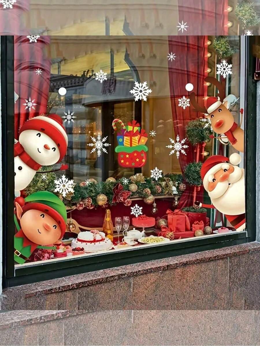 2 张/51 件玻璃圣诞窗贴、圣诞贴纸装饰、节日圣诞老人、驯鹿、雪人、雪花贴纸、派对装饰