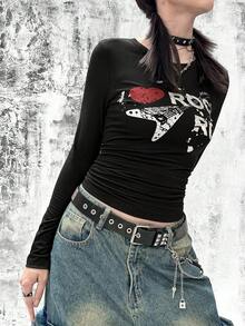 Rikumo 女士时尚街头朋克Y2K风格“心形，吉他”英文印花个性化圆领长袖T恤 冬季 - 黑色 - 查看 4