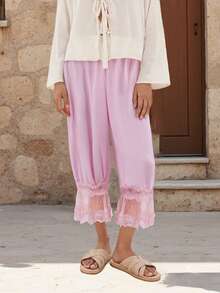 Women Lace Trim Bloomers Casual Elastic Mid Rise Ruffle Cropped Pants Loose Slips Trousers Comfort Bottoms - Pink - View 2