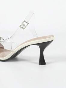 Sandalias de tacón medio con tira transparente y puntera con adorno de cristal elegante para mujer, versátiles para ocasiones formales y casuales, primavera/verano, blanco - Blanco - Ver 9
