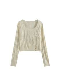 韩版休闲秋冬麻花针织毛衣，单排扣方领纯色套头衫，女士 - 乳白色 - 查看 4