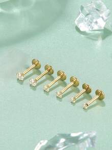 3对14K镀金耳钉，镶嵌立方氧化锆，男女通用，不锈钢扁平夹式耳环，鼻钉，低过敏性，适合返校和日常佩戴 - 如圖所示 - 查看 1