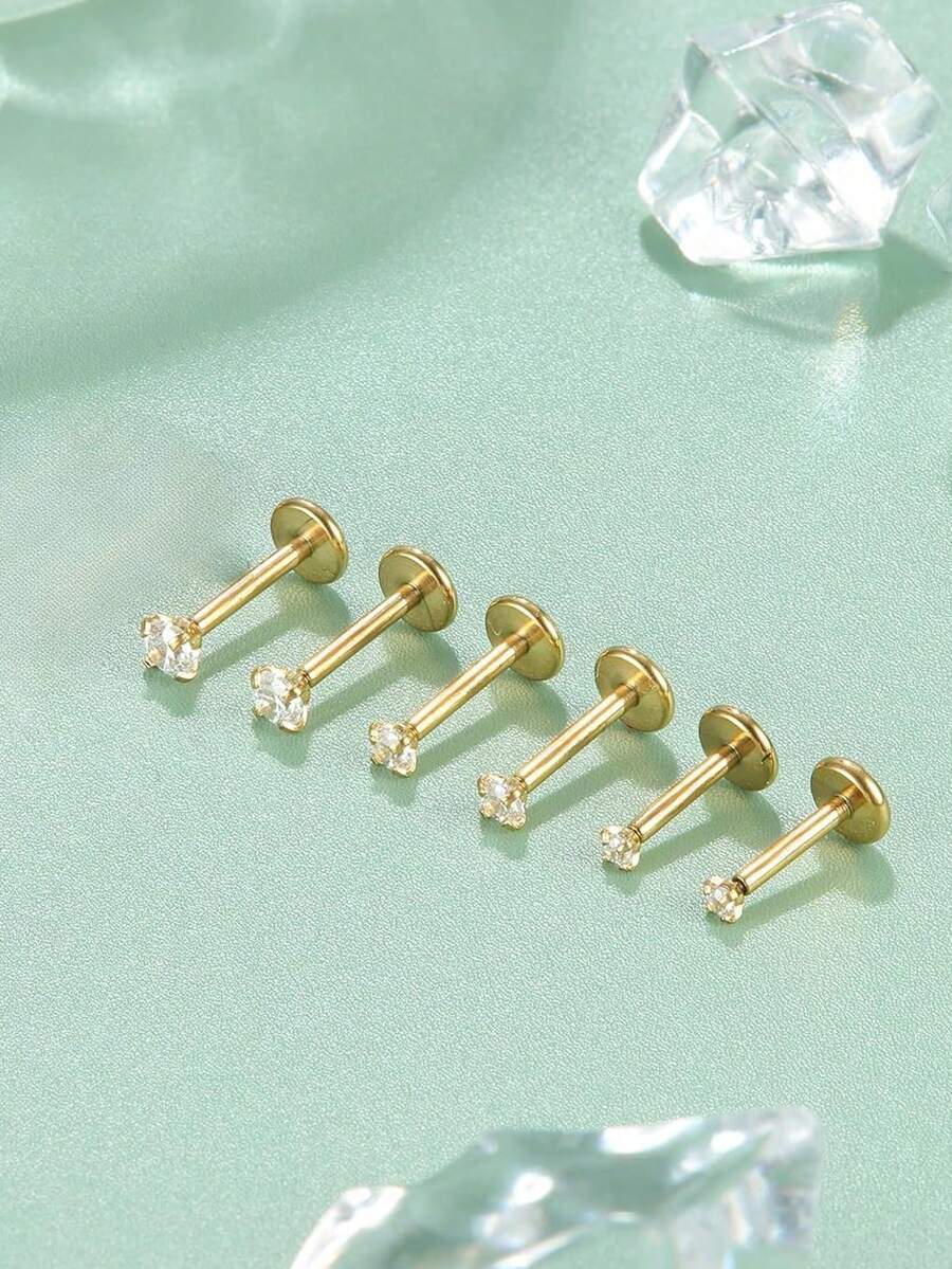 3对14K镀金耳钉，镶嵌立方氧化锆，男女通用，不锈钢扁平夹式耳环，鼻钉，低过敏性，适合返校和日常佩戴 - 如圖所示 - 查看 1