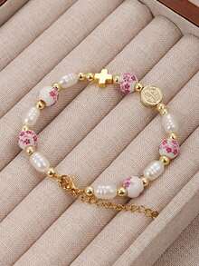 1 件优雅精致的十字架和耶稣吊坠陶瓷和金珠不锈钢手链，经典女士日常/海滩派对珠宝配饰吊坠精美礼物/十字架珠宝/圣本笃，奖章和小十字架基督教礼物附赠礼品盒 - 1PC - 查看 8