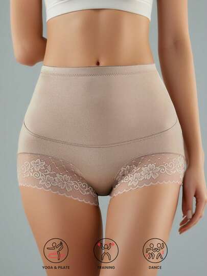 1条高腰蕾丝边塑身打底裤，【紧身款，如需宽松版型请选择大1-2码】，女士防摩擦不卷边收腹塑形裤，时尚瘦身运动塑身打底裤，春季款