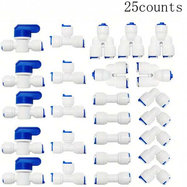 25 Stücke 1/4" Außendurchmesser Kugel Schnellverbinder Set, Wasserschlauch Verbindungskit, umkehrbarer Wasserschlauch und Reinwasserschlauch für Wasserversorgungsleitung, Eiswürfelbereiter und Kaffeemaschinen Zubehör